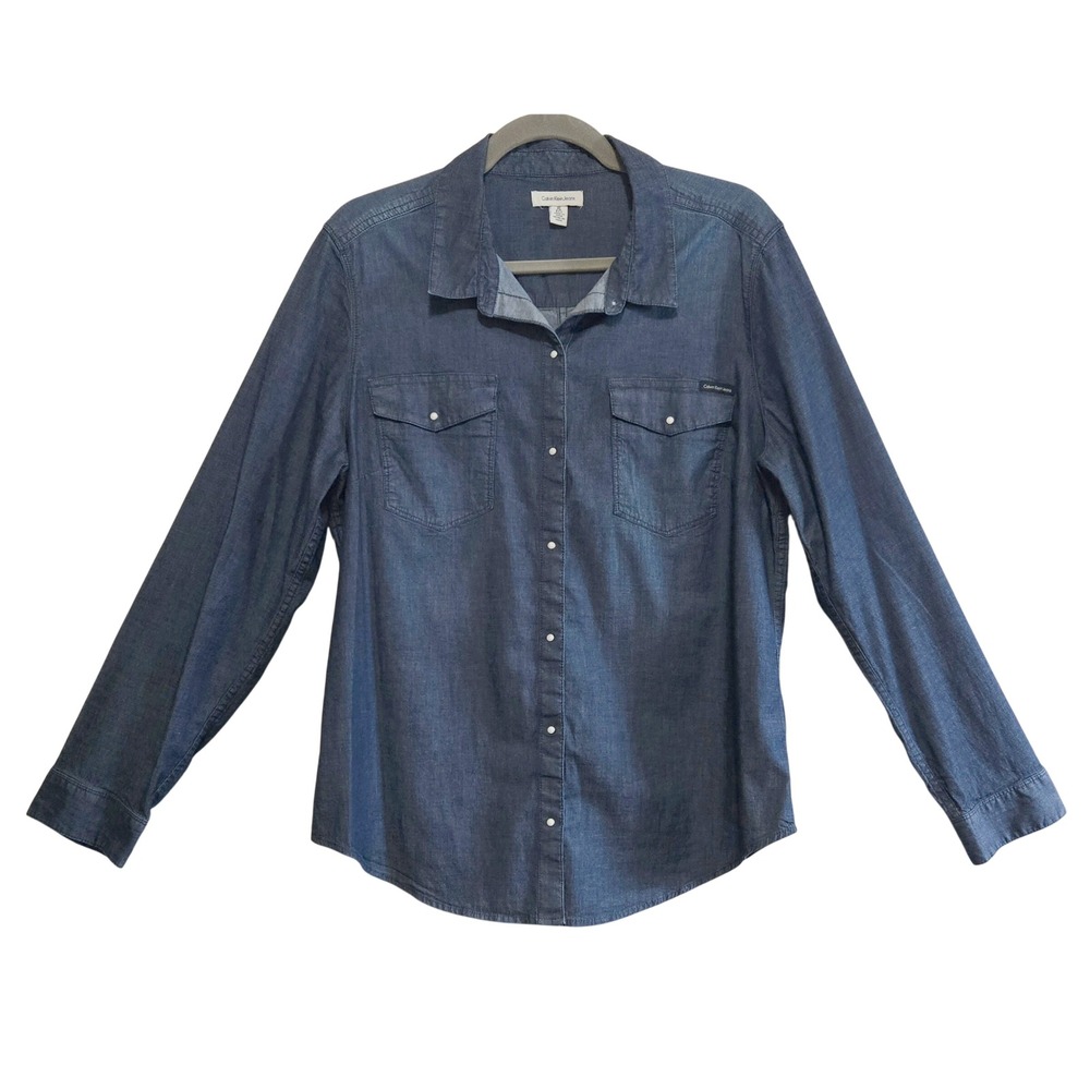 Calvin Klein Jeans Womens XL Dark Wash Denim Button Down Shirt Long Sleeve Snap